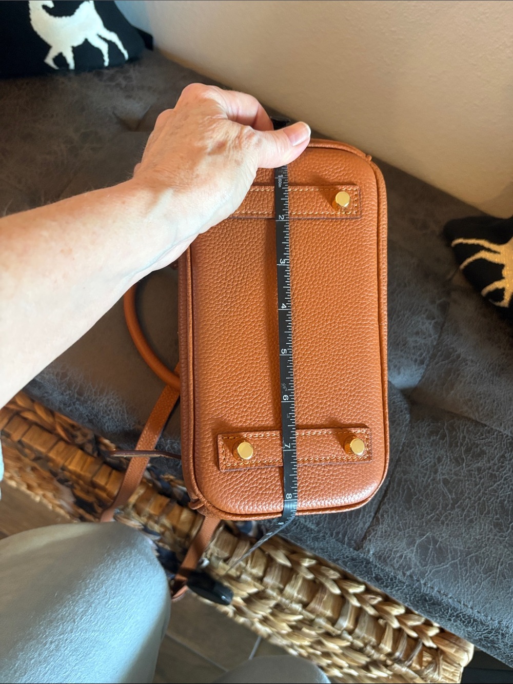 **Women's Tan Pebbled Leather Satchel with Top Handles and Crossbody Strap - Picture 12 of 12